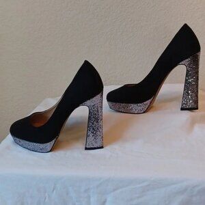 Elle Black Faux Suede Silver Glitter Sparkle Platform Pump, Perry, Womens Size 6